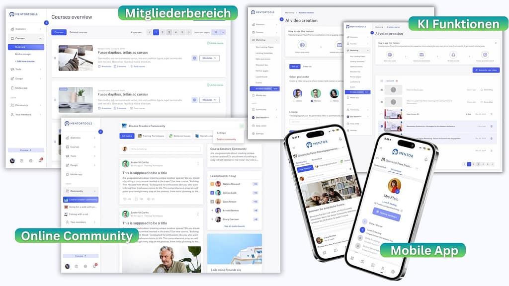 Coole Features von Mentortools - Mitgliederbereich, KI Funktionen, Online Community und eigene Mobile App.