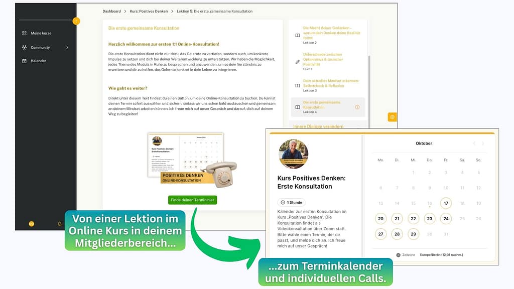 Von einer Lektion im Online Kurs zum Terminkalender.