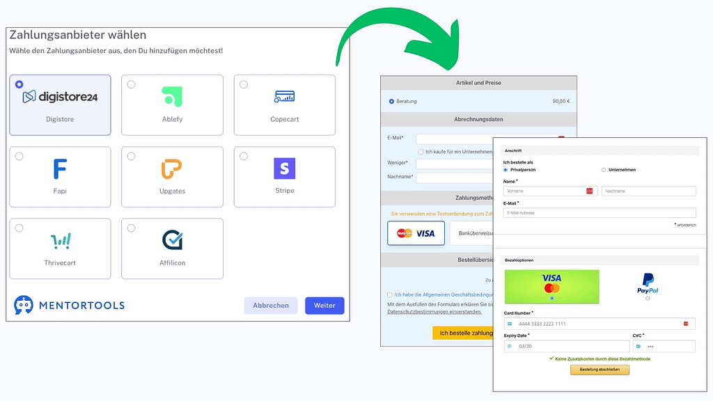Mit Mentortools kannst du ganz einfach verschiedene Zahlungsanbieter wie Digistore24, CopeCart, ThriveCart, Ablefy oder PayPal anbinden.